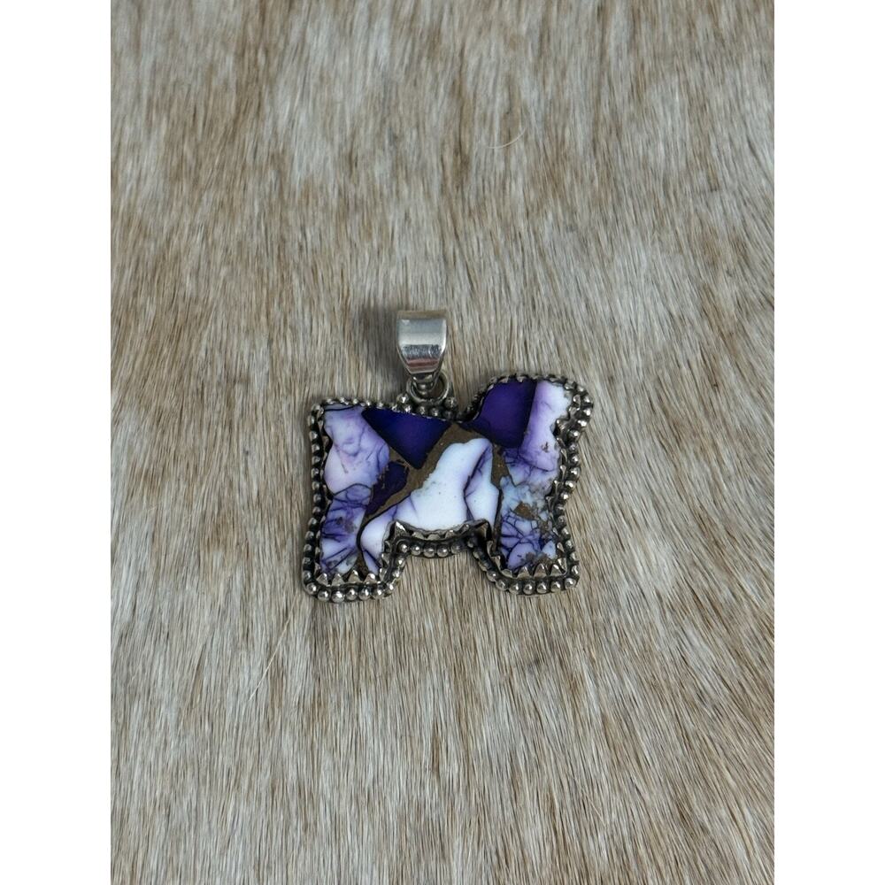 Native American SW Sterling Silver & Purple Dahlia Turquoise Sheep Cow Pendant - Picture 2 of 9